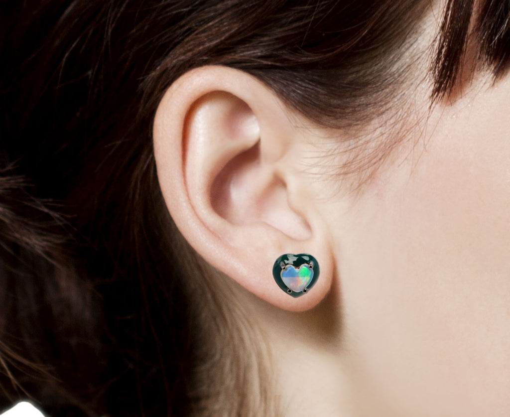 Green Enameled Opal Heart Earrings