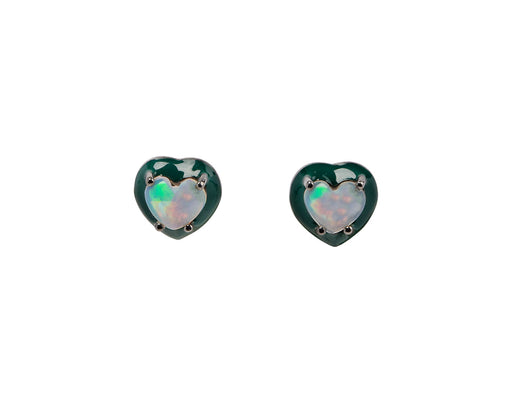 Green Enameled Opal Heart Earrings