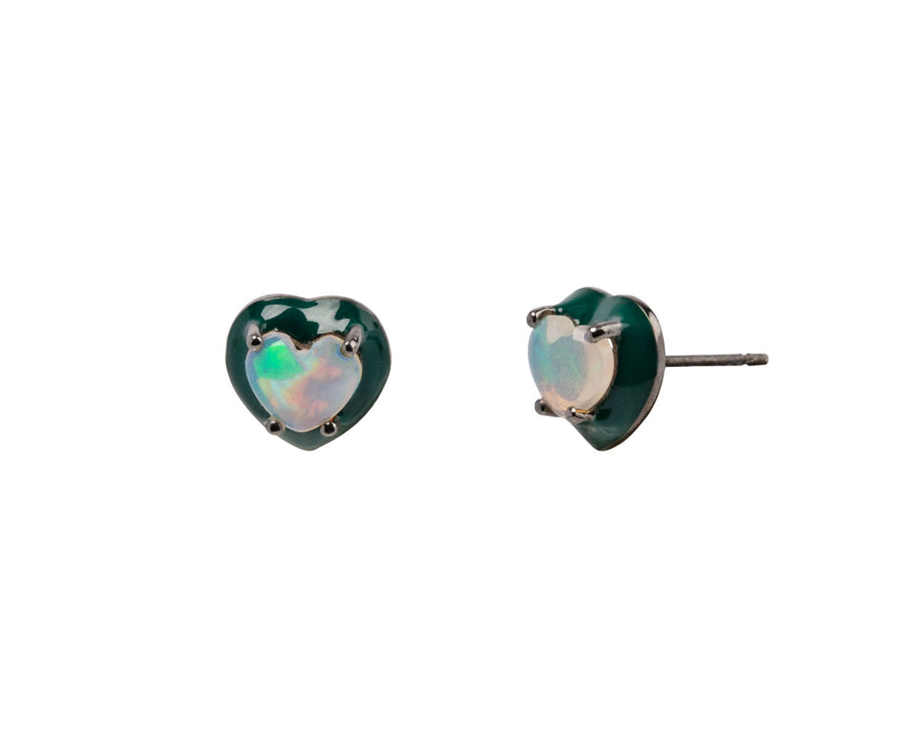 Green Enameled Opal Heart Earrings