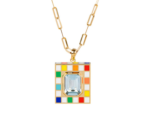 NeverNoT Rainbow and Blue Topaz Chess Pendant Necklace
