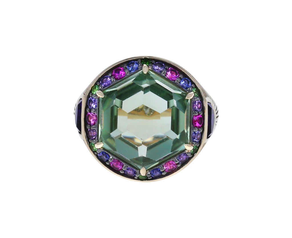 Green Amethyst and Multi Gem Hex Ring