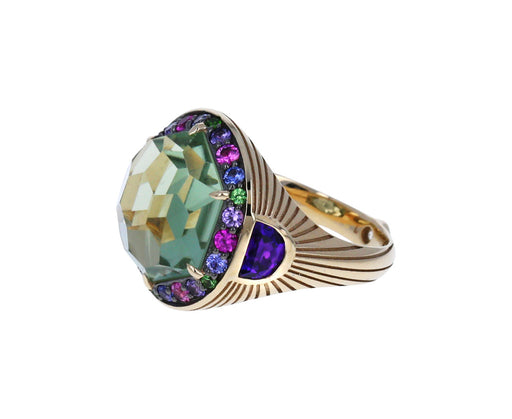 Green Amethyst and Multi Gem Hex Ring