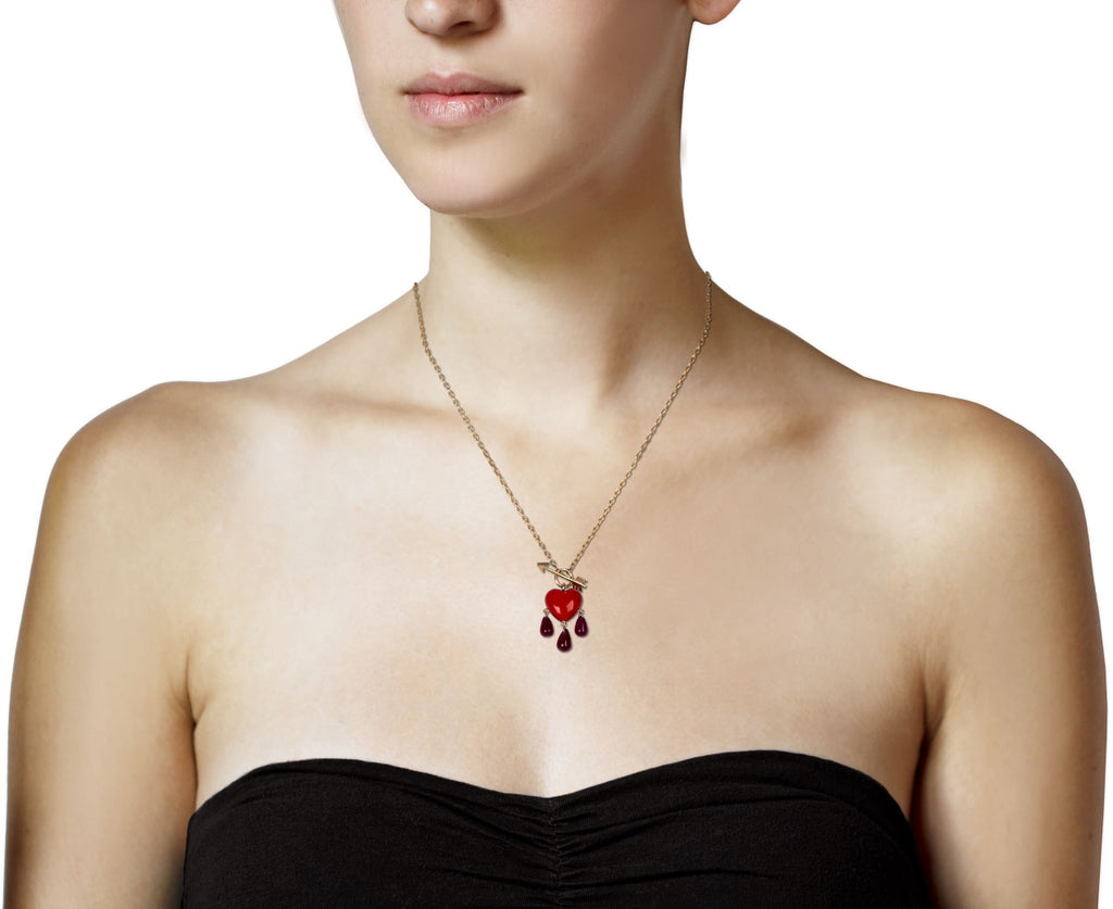 Rachel Quinn Coral and Ruby Bleeding Heart Necklace Profile