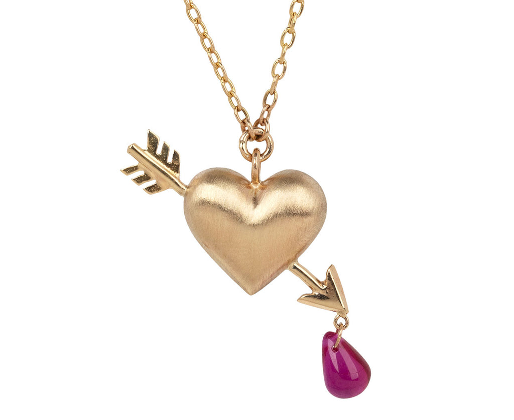 Rachel Quinn Gold and Ruby Cupid's Arrow Necklace Close Up