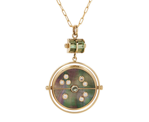 Mother of Pearl, Garnet and Diamond Grandfather Compass Pendant Necklace