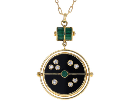 Black Onyx, Emerald and Diamond Grandfather Compass Pendant Necklace