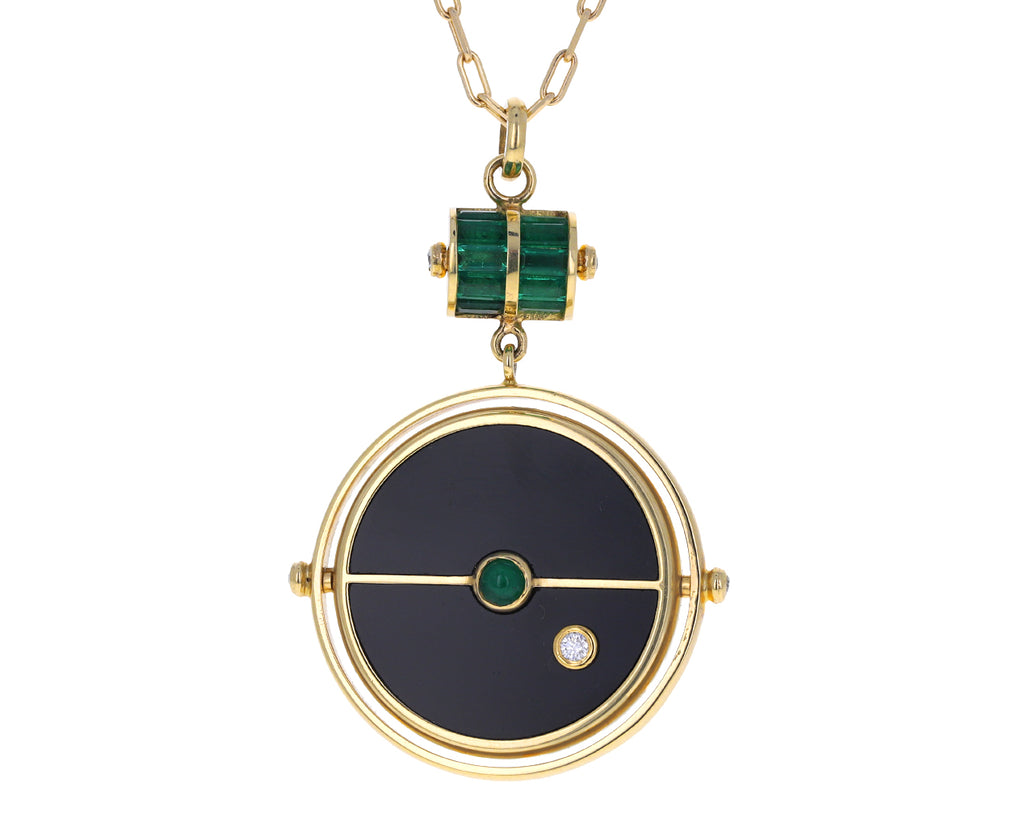 Black Onyx, Emerald and Diamond Grandfather Compass Pendant Necklace
