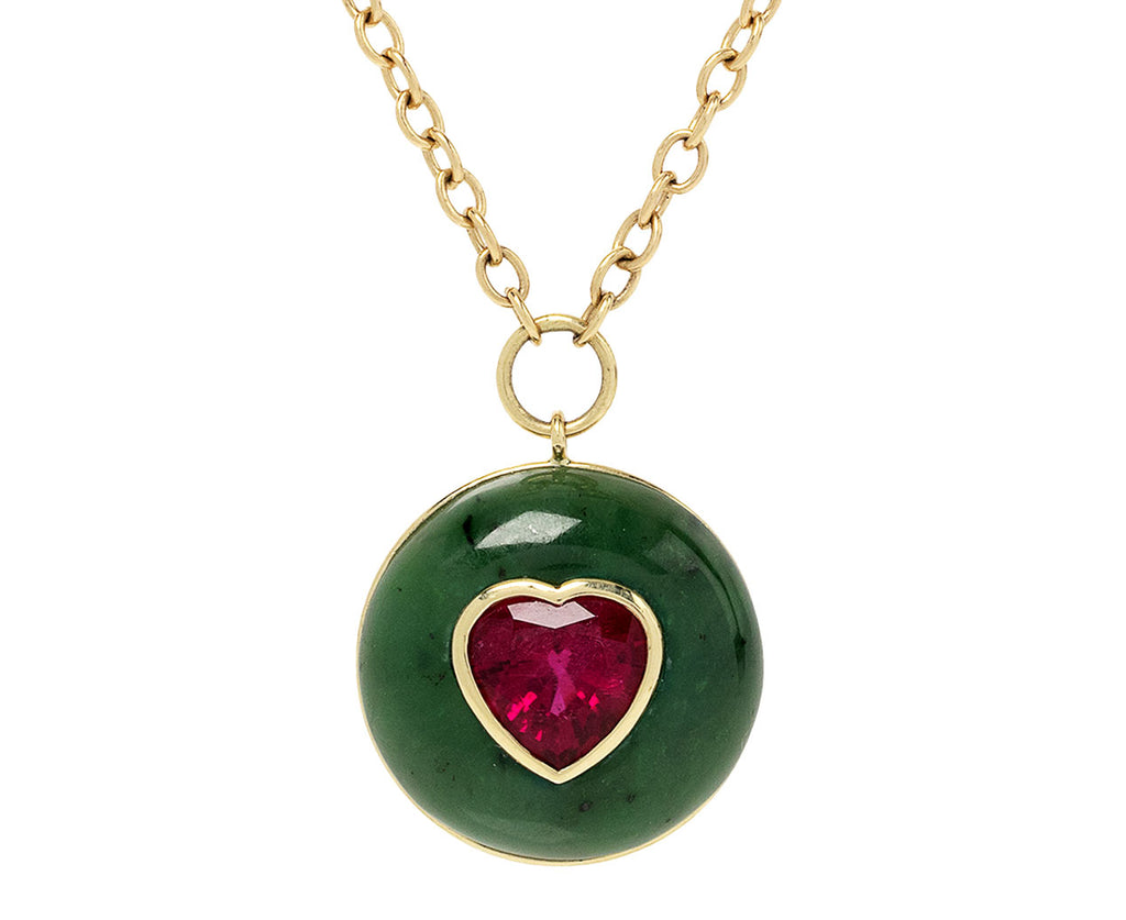 Heart Shaped Rubelite and Nephrite Jade Lollipop Necklace