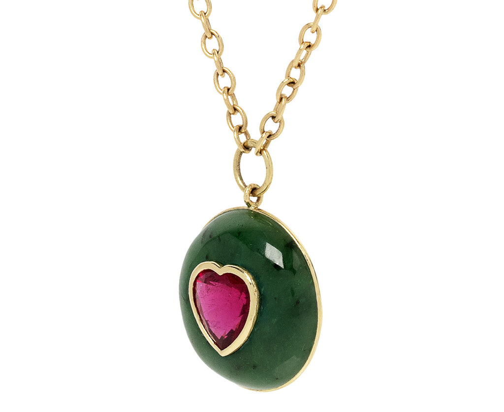 Heart Shaped Rubelite and Nephrite Jade Lollipop Necklace