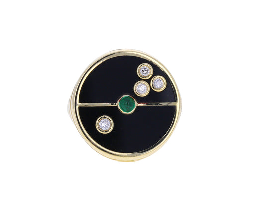 Black Onyx, Diamond and Emerald Compass Ring