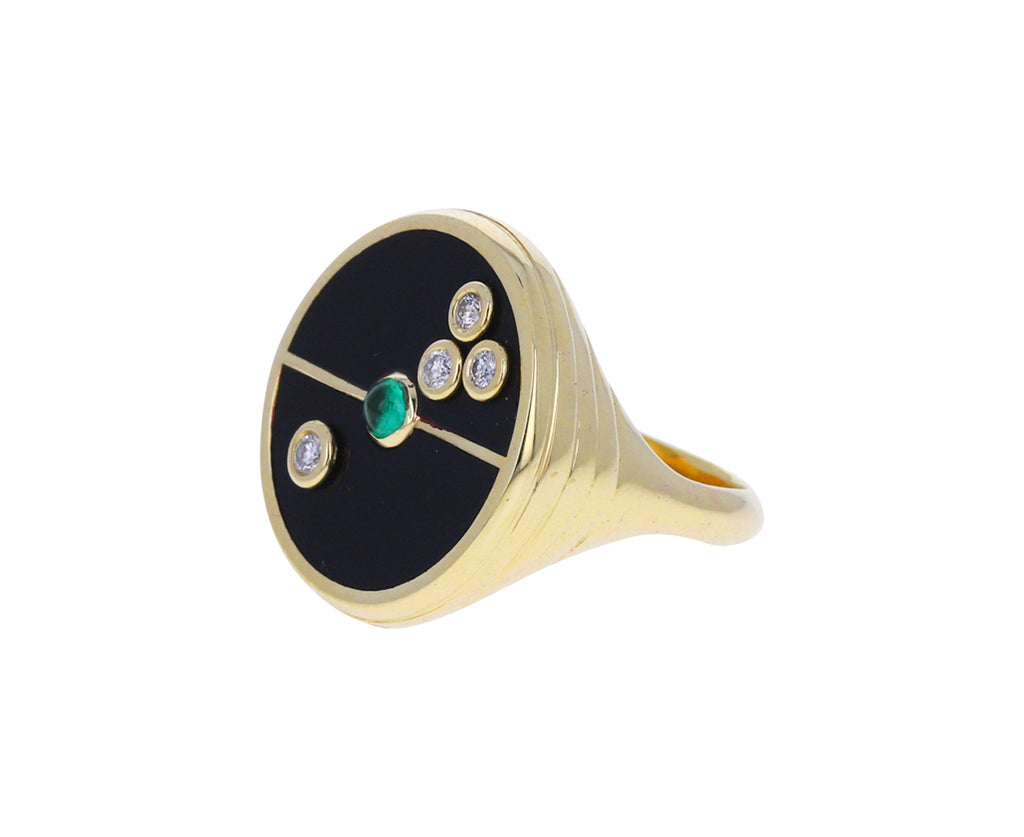 Black Onyx, Diamond and Emerald Compass Ring