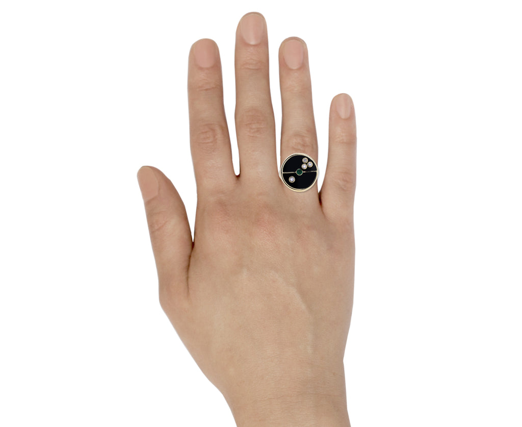 Black Onyx, Diamond and Emerald Compass Ring