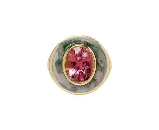 Moss Agate and Pink Tourmaline Small Lollipop Ring