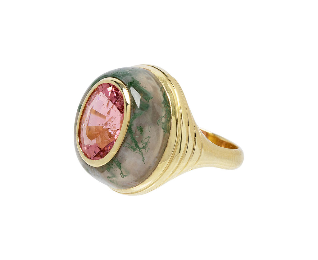 Moss Agate and Pink Tourmaline Small Lollipop Ring