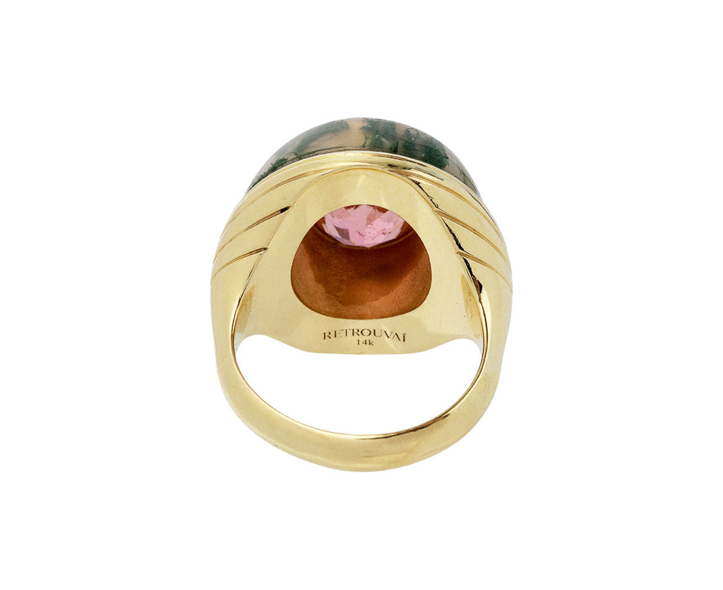 Moss Agate and Pink Tourmaline Small Lollipop Ring