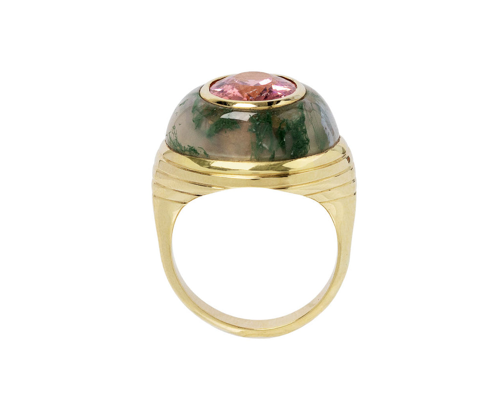 Moss Agate and Pink Tourmaline Small Lollipop Ring