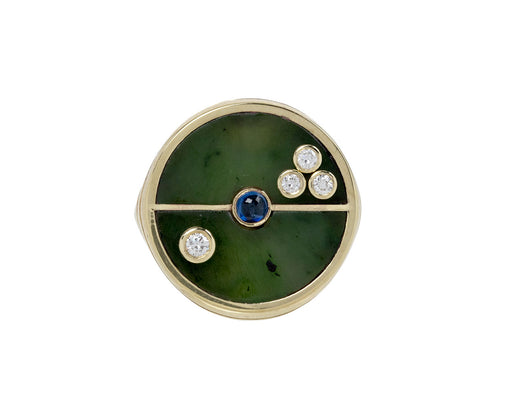Retrouvai Nephrite Jade, Diamond and Sapphire Compass Ring
