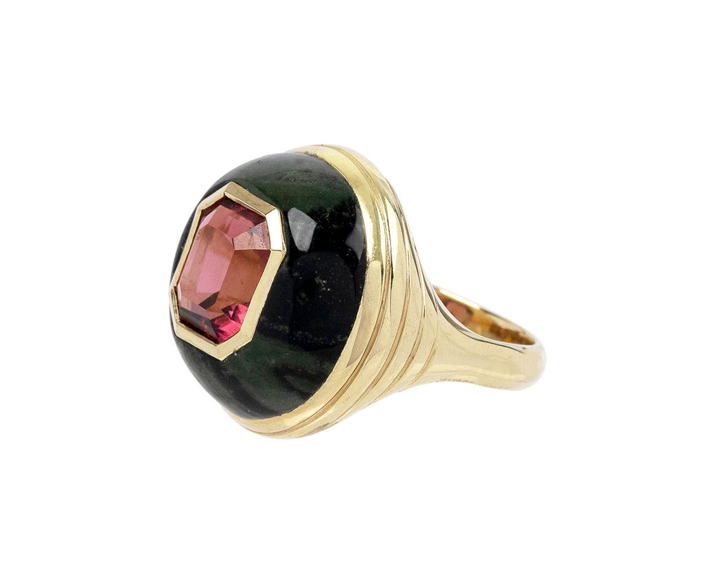 Red Tourmaline and Spotted Green Jasper Small Lollipop Ring
