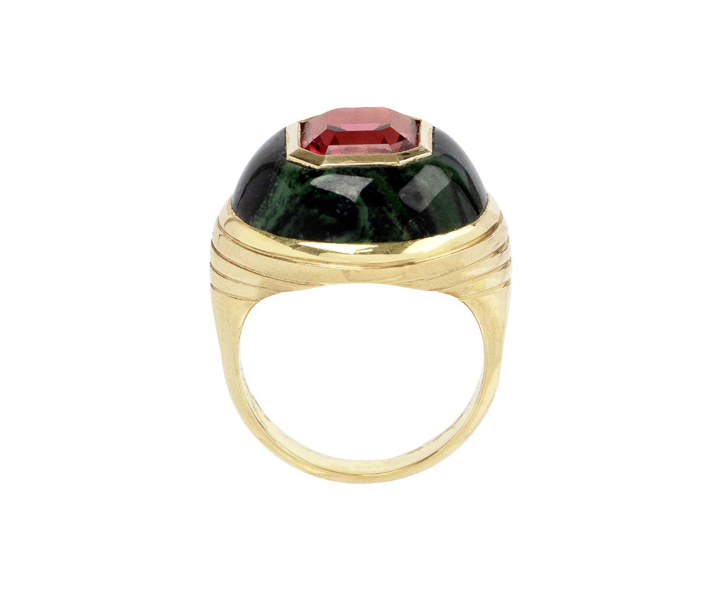 Red Tourmaline and Spotted Green Jasper Small Lollipop Ring