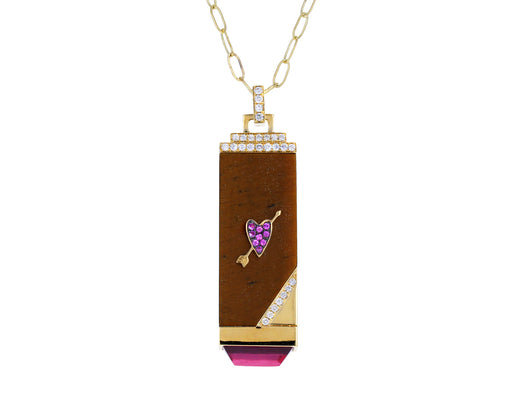 Tiger's Eye, Diamond and Pink Amethyst Heart Tablet Necklace