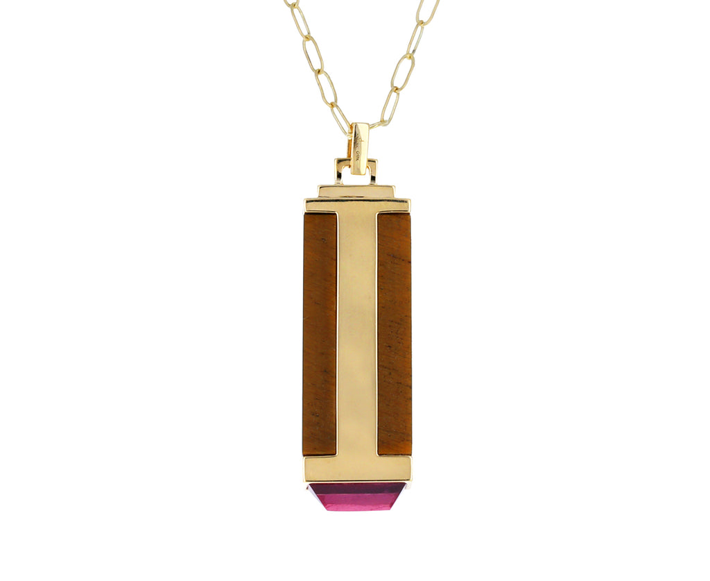 Tiger's Eye, Diamond and Pink Amethyst Heart Tablet Necklace