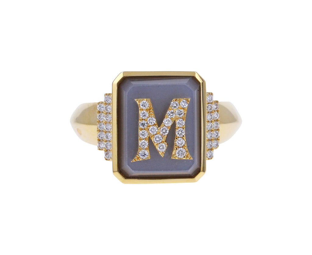 Gray Moonstone and Diamond M Signet Ring