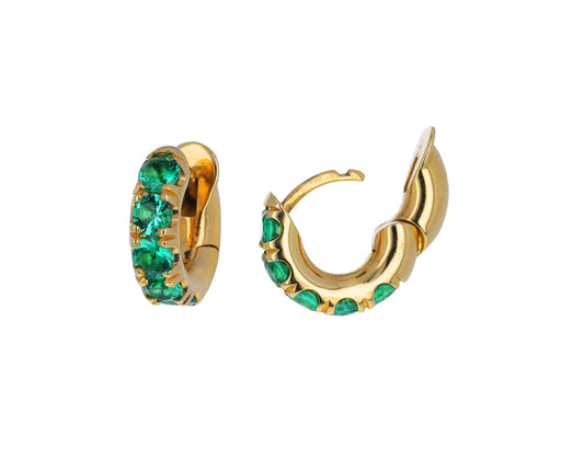 Gold and Emerald Mini Macro Hoop Earrings