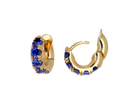 Gold and Blue Sapphire Mini Macro Hoop Earrings