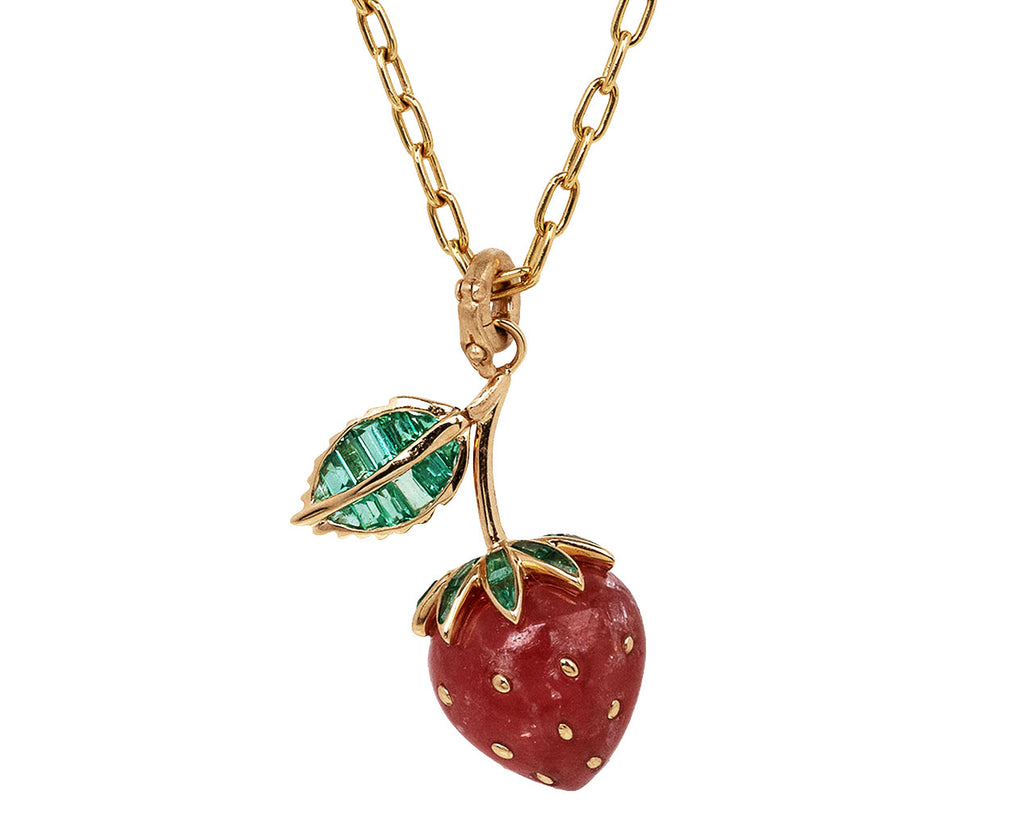 Storrow Rhodochrosite Strawberry and Emerald Leaf Charm ONLY On Chain