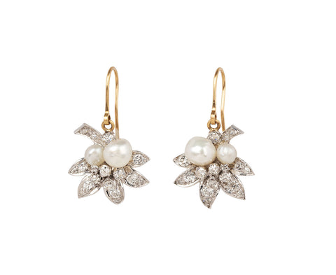 Stephanie Windsor Vintage Diamond and Natural Pearl Edwardian Platinum Leaf Earrings