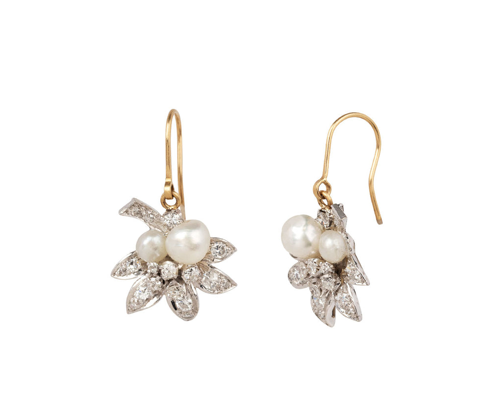 Stephanie Windsor Vintage Diamond and Natural Pearl Edwardian Platinum Leaf Earrings Side View