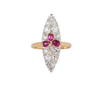 Stephanie Windsor Vintage Gold and Silver Victorian Ruby Trefoil Diamond Ring
