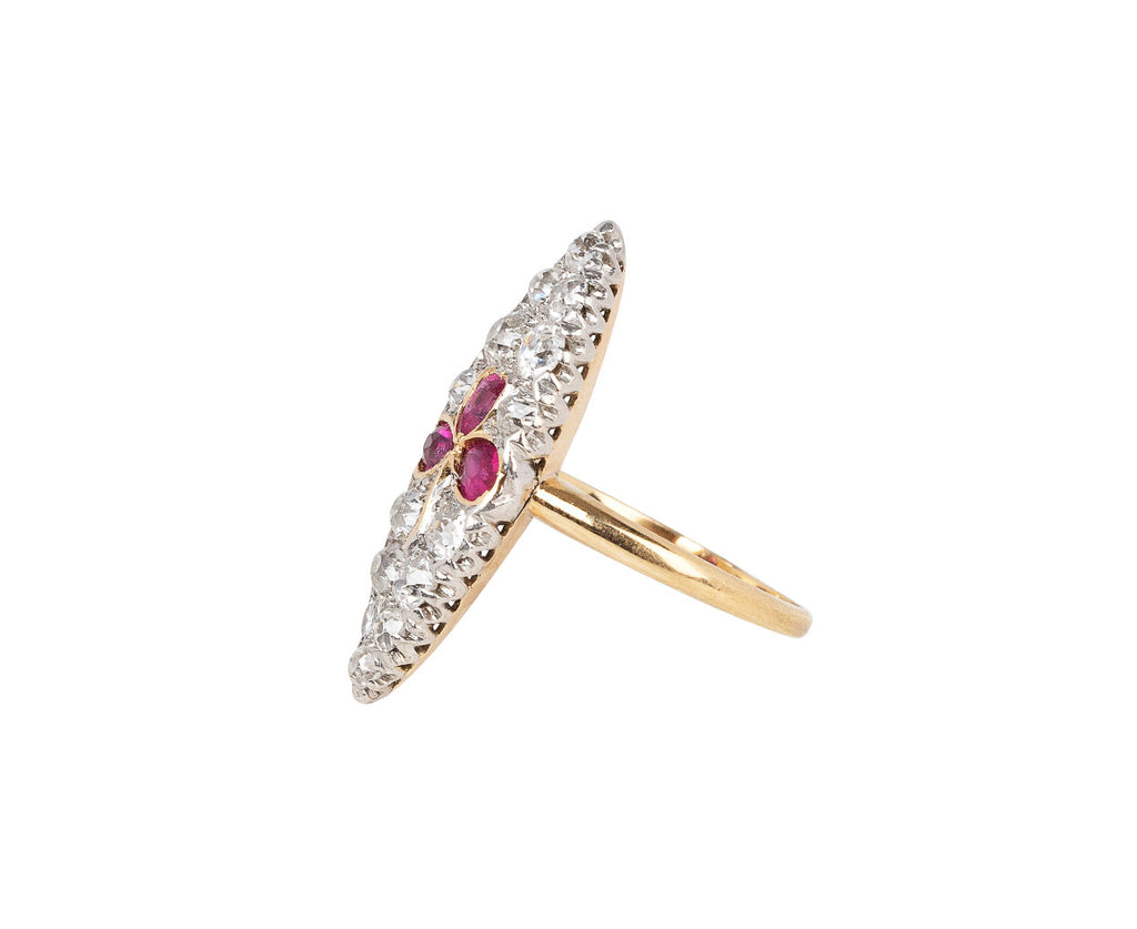 Stephanie Windsor Vintage Gold and Silver Victorian Ruby Trefoil Diamond Ring Side View