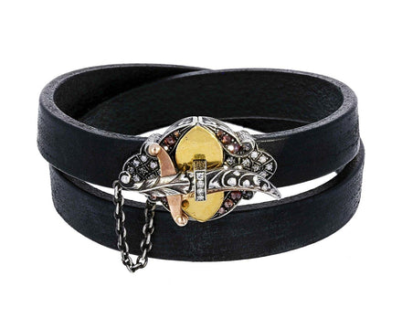 Fancy Colored and White Diamond Sword Closure Black Leather Bracelet - TWISTonline 