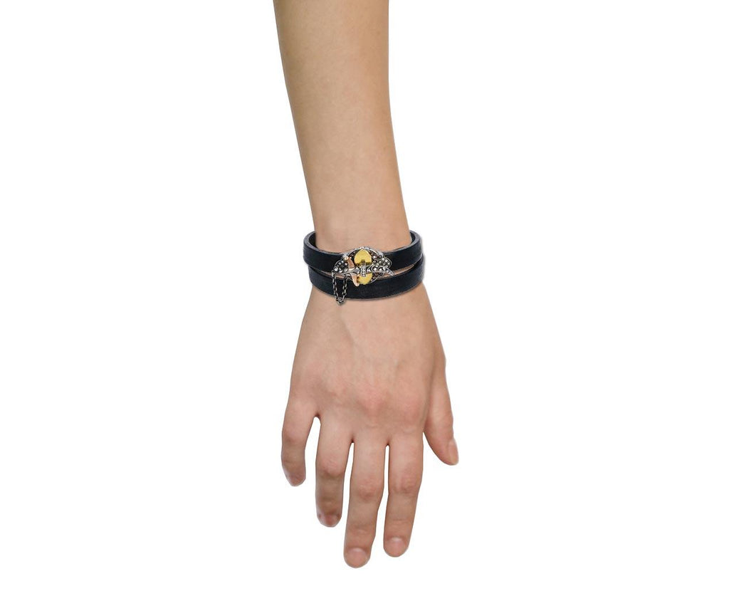 Fancy Colored and White Diamond Sword Closure Black Leather Bracelet - TWISTonline 