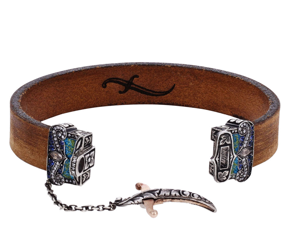 Micro Mosaic and Diamond Sword Closure Leather Bracelet - TWISTonline 