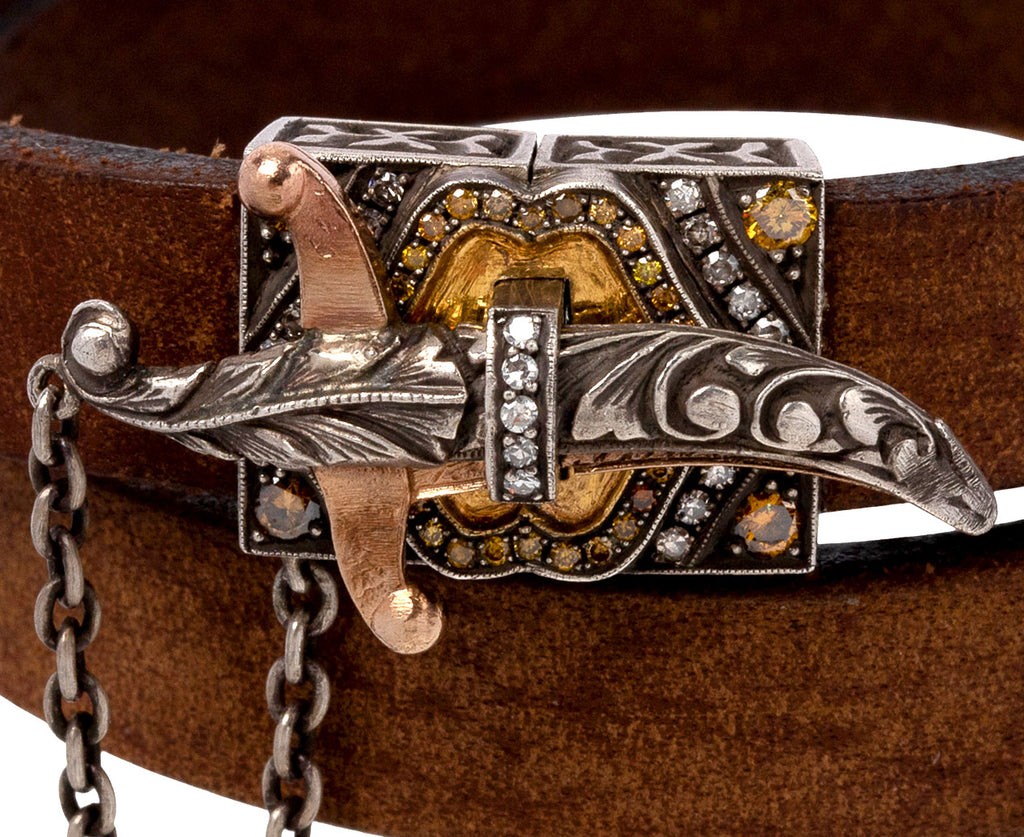 Double Wrap Diamond Dagger Clasp Leather Bracelet