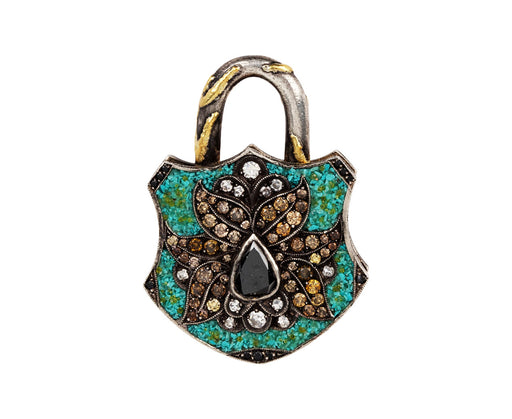 Sevan Bicakci Turquoise Micro Mosaic and Fancy Diamond Flower Padlock Pendant