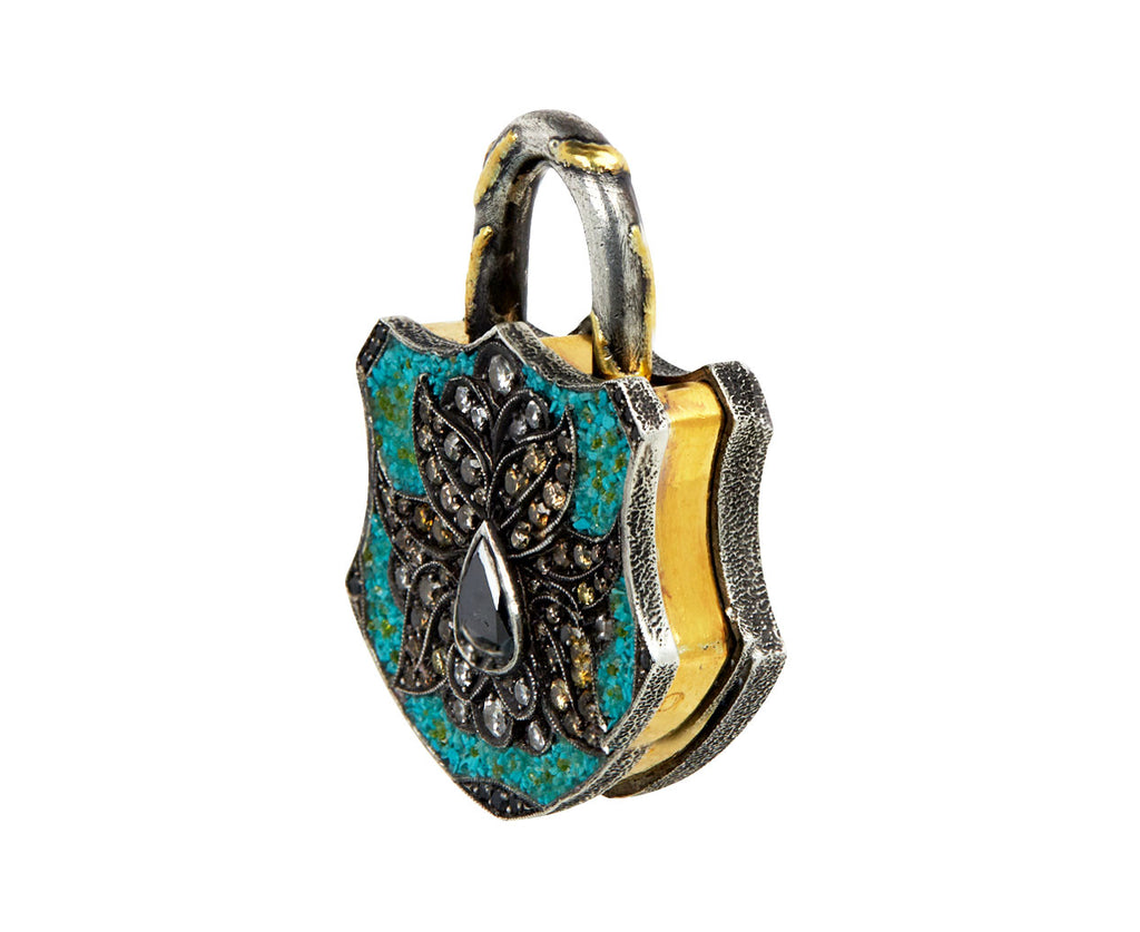 Sevan Bicakci Turquoise Micro Mosaic and Fancy Diamond Flower Padlock Pendant Side View