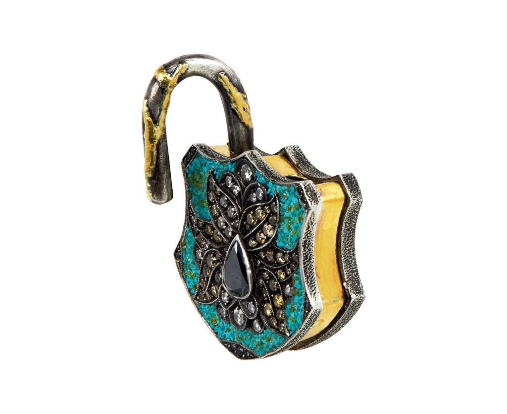 Sevan Bicakci Turquoise Micro Mosaic and Fancy Diamond Flower Padlock Pendant Clasp Open
