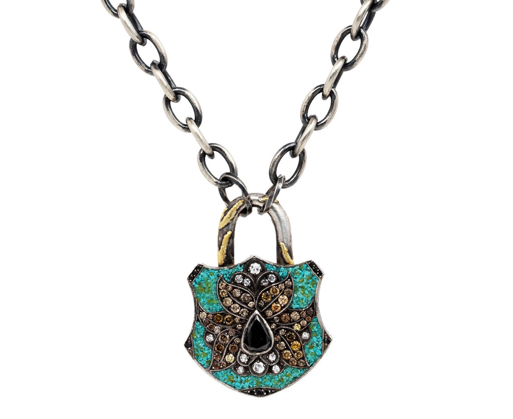 Sevan Bicakci Turquoise Micro Mosaic and Fancy Diamond Flower Padlock Pendant On Chain