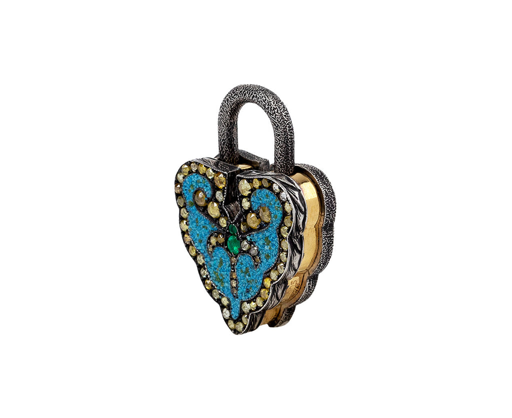 Sevan Bicakci Turquoise Micro Mosaic and Emerald Aspen Leaf Padlock Pendant Side View