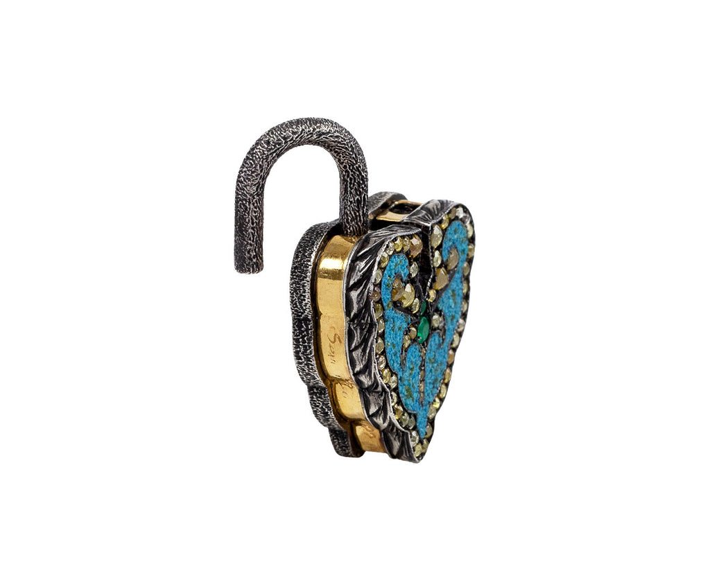 Sevan Bicakci Turquoise Micro Mosaic and Emerald Aspen Leaf Padlock Pendant Open