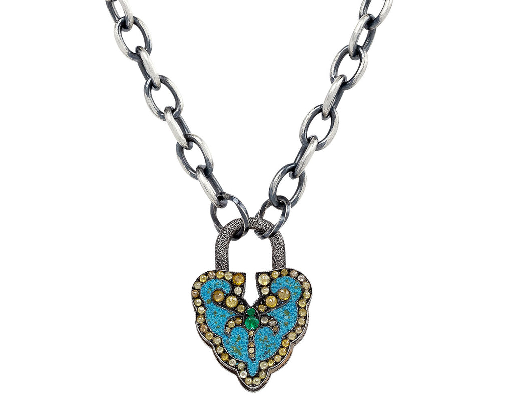 Sevan Bicakci Turquoise Micro Mosaic and Emerald Aspen Leaf Padlock Pendant On Chain