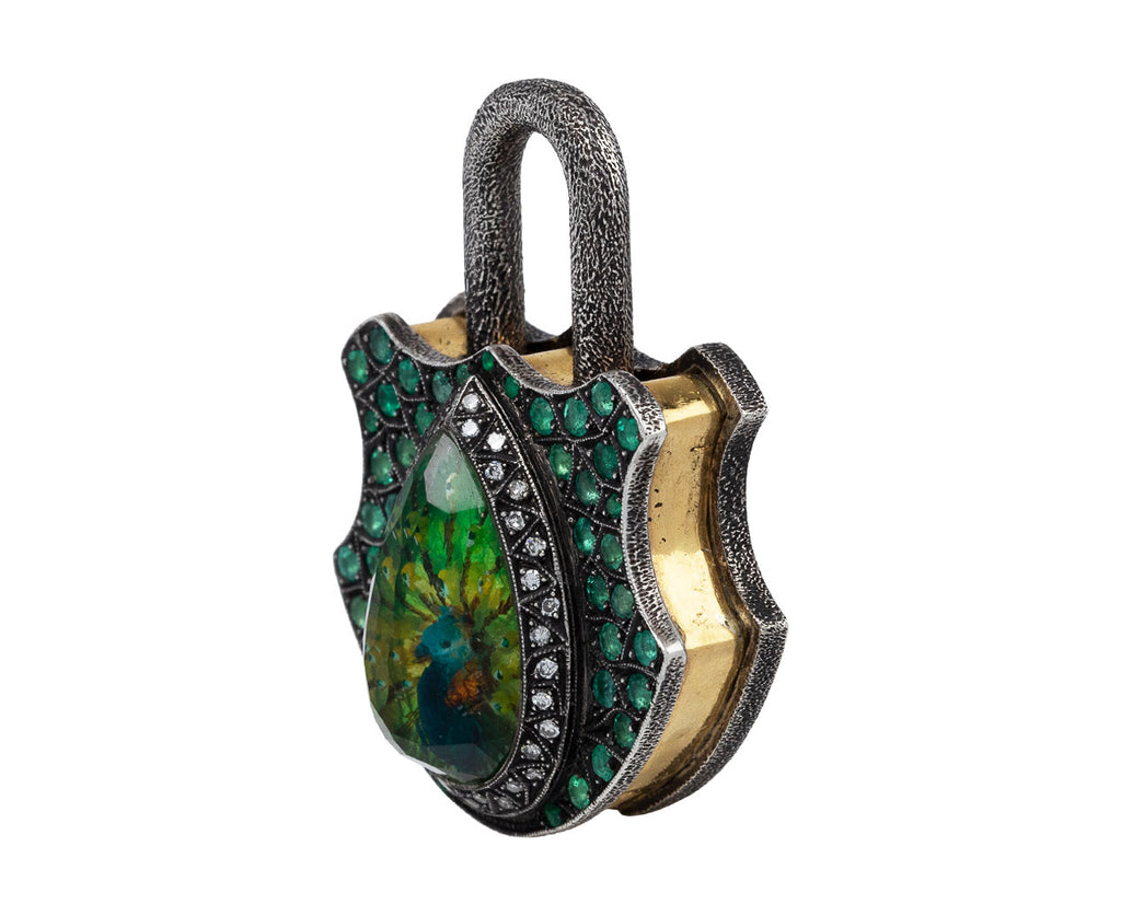 Sevan Bicakci Carved Green Amethyst Peacock Padlock Pendant Side View