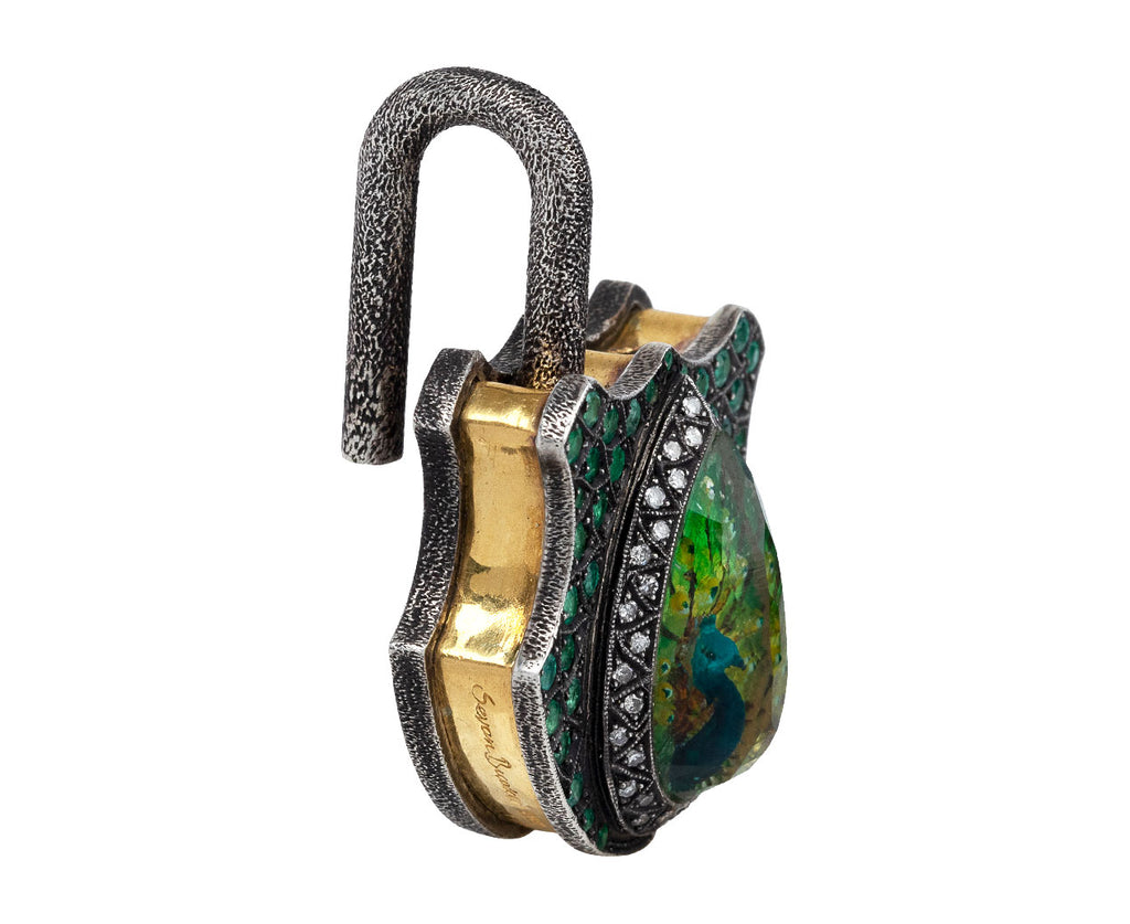 Sevan Bicakci Carved Green Amethyst Peacock Padlock Pendant Open
