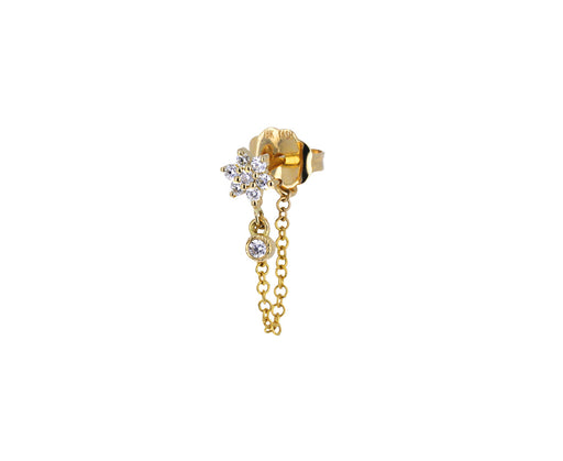 Yellow Gold Diamond Flower Stud and Chain SINGLE Earring