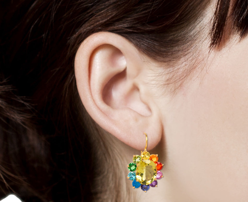 Lemon Quartz Rainbow Gem Hortensia Flower Earrings