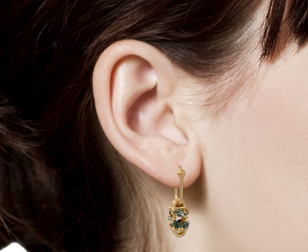 Polly Wales Green Short Fontaine Bar Earrings Close Up Profile