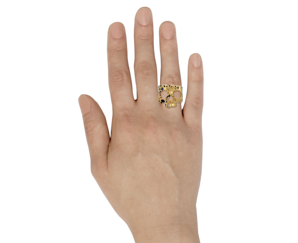 Polly Wales Blue Sapphire Confetti Skull Ring Profile